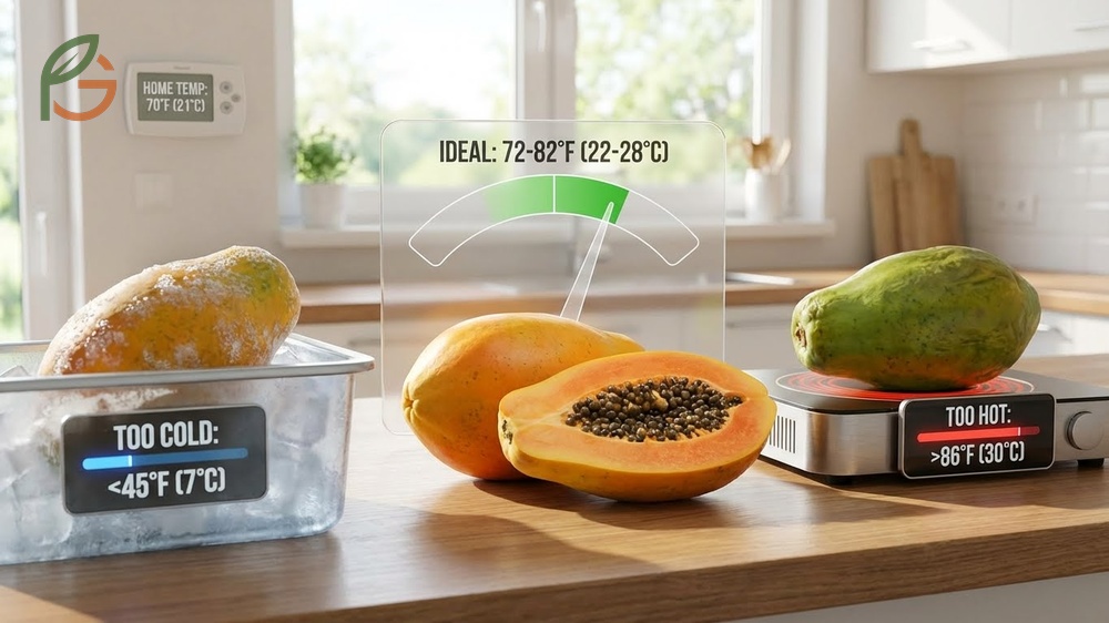 Speed up ripening with temperature control by keeping fruit in a warm spot above 68 degrees Fahrenheit.