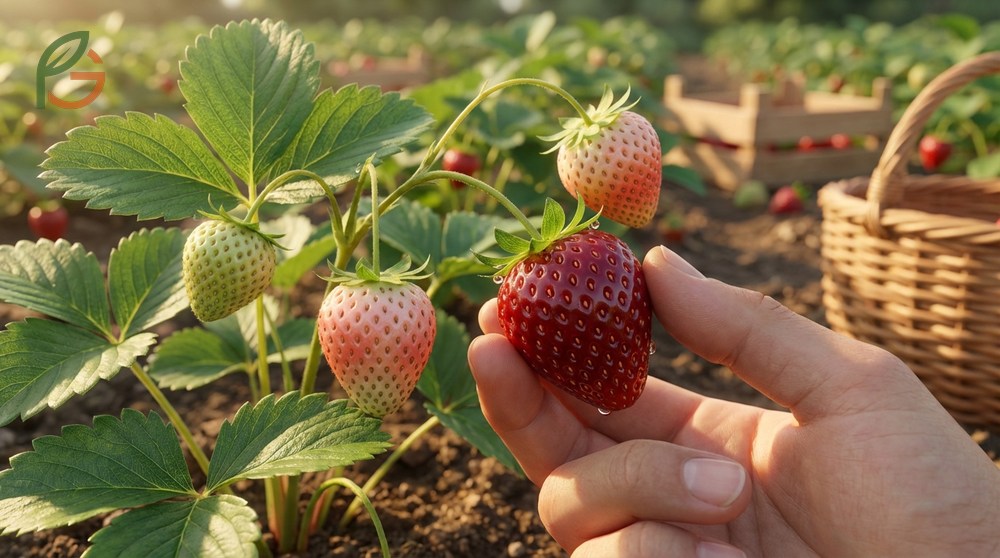 Strawberries at different ripening stages from green to white to fully red indicating harvest readiness.