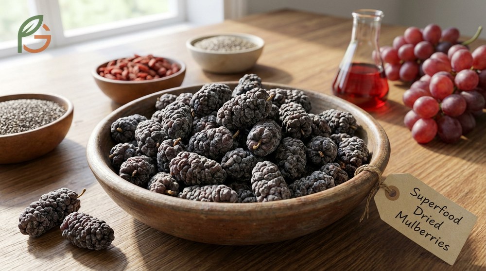 Superfood dried mulberries containing resveratrol and 4g of fiber to support digestive health and blood sugar.