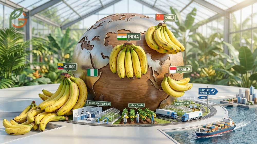 Top banana producing countries include India and China accounting for over 50 percent of global output.