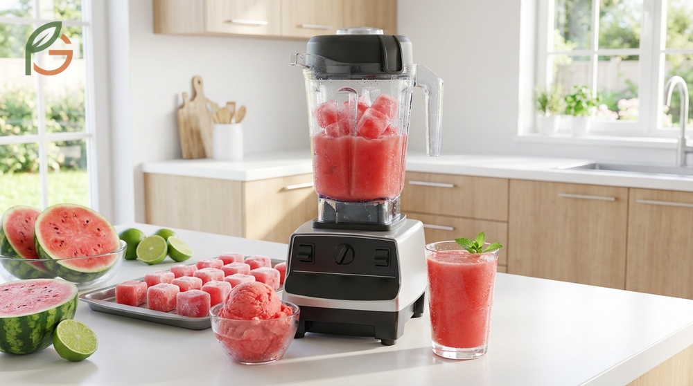 Watermelon sorbet and smoothie recipes use frozen cubes blended with yogurt or lime juice for refreshing treats.