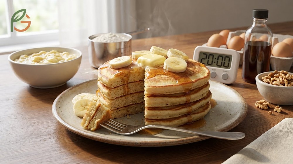 Banana pancake recipe details showing the ratio of flour to baking powder for creating 6 fluffy servings.