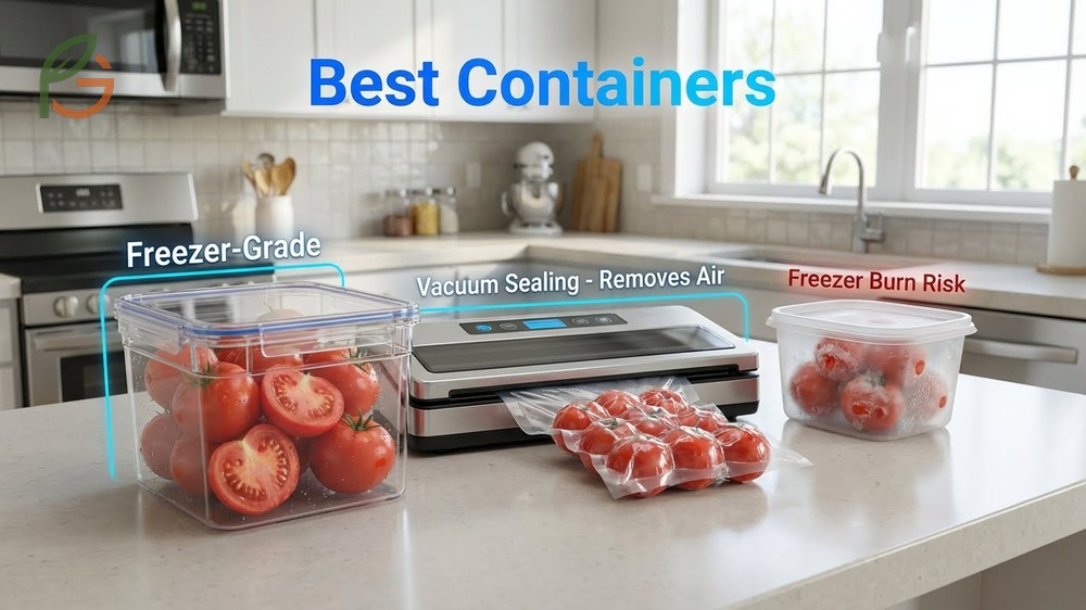 Best containers for freezing tomatoes include vacuum seal bags to prevent freezer burn.
