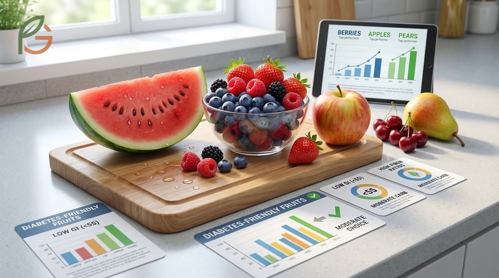 Best fruits for diabetes include berries and apples which have low GI values under 55 for safety.