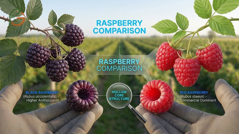 Black raspberry vs red raspberry comparison showing harvest timing differences of 2 to 3 weeks between species.