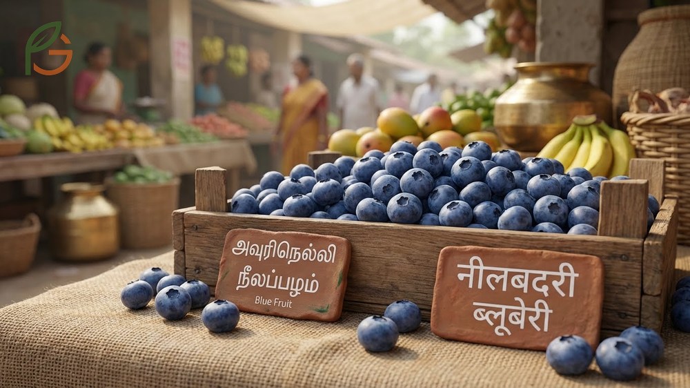 What color are blueberries context with Tamil and Hindi names like Avurinelli and Neelbadri for identifying the fruit.
