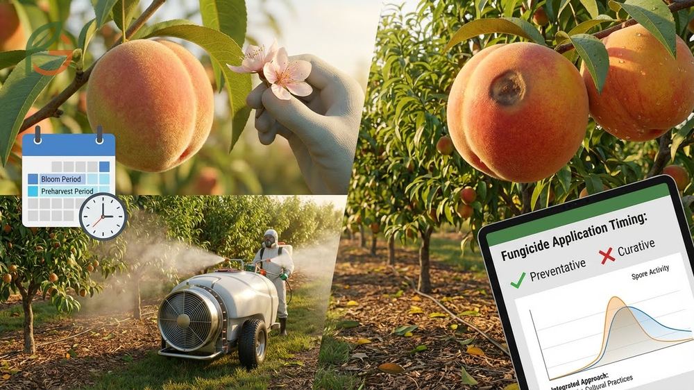 Brown rot treatment involves applying fungicides like captan and myclobutanil at bloom and preharvest to prevent infection.