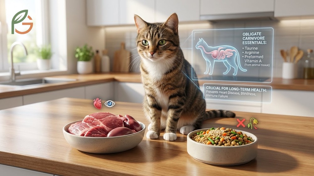 Cat diet restrictions highlighting the need for animal protein and taurine over plant foods.