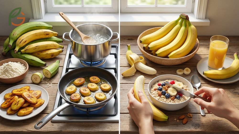 Cooking vs eating banana methods contrasting fried plantains at 375 degrees Fahrenheit with fresh raw banana consumption.