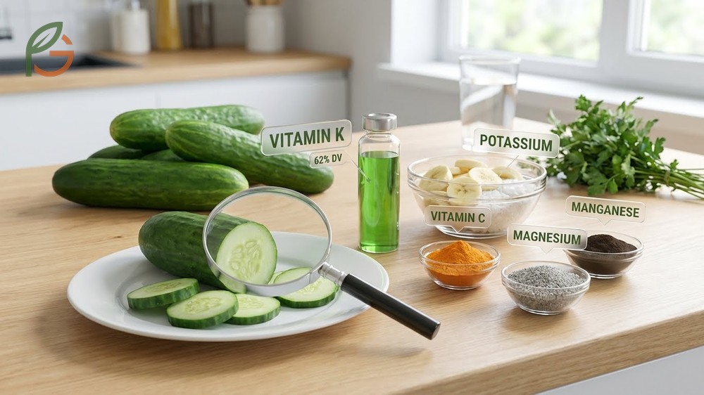 Cucumber vitamins and minerals include vitamin K and potassium which support bone health and regulate blood pressure.