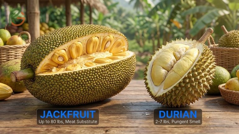 A side-by-side visual comparison of a spiky green durian and a large, bumpy jackfruit.