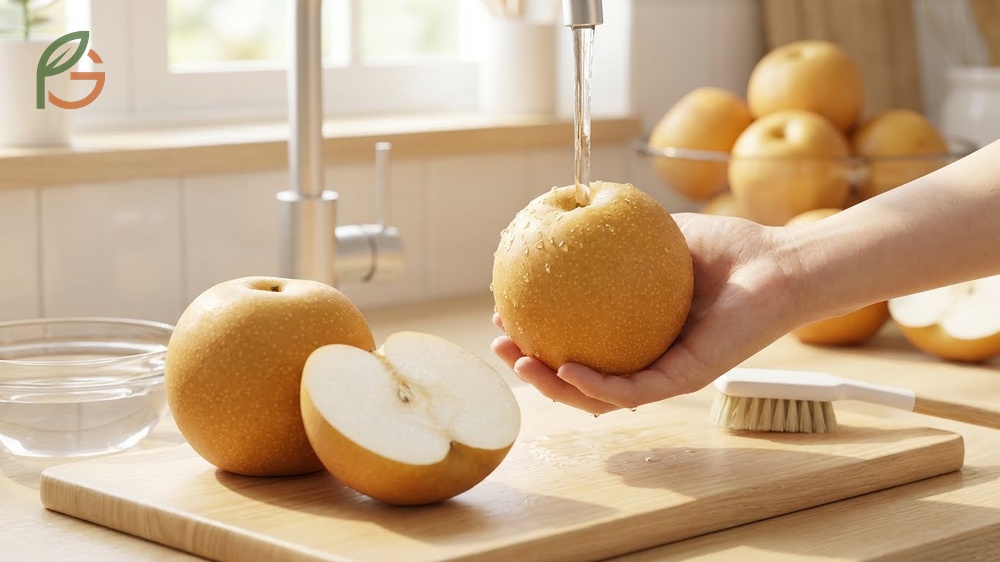 Eating Asian pear skin to maximize fiber intake and antioxidant absorption.