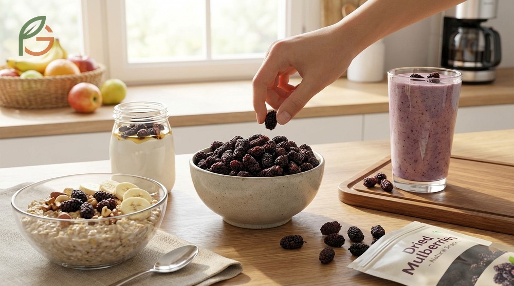 Eating dried mulberries added to oatmeal or smoothies provides a nutritious boost for breakfast energy.