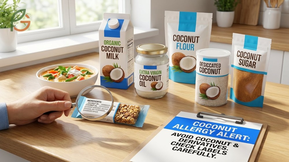Foods to avoid with coconut allergy including hidden ingredients in processed snacks and tropical cuisines.