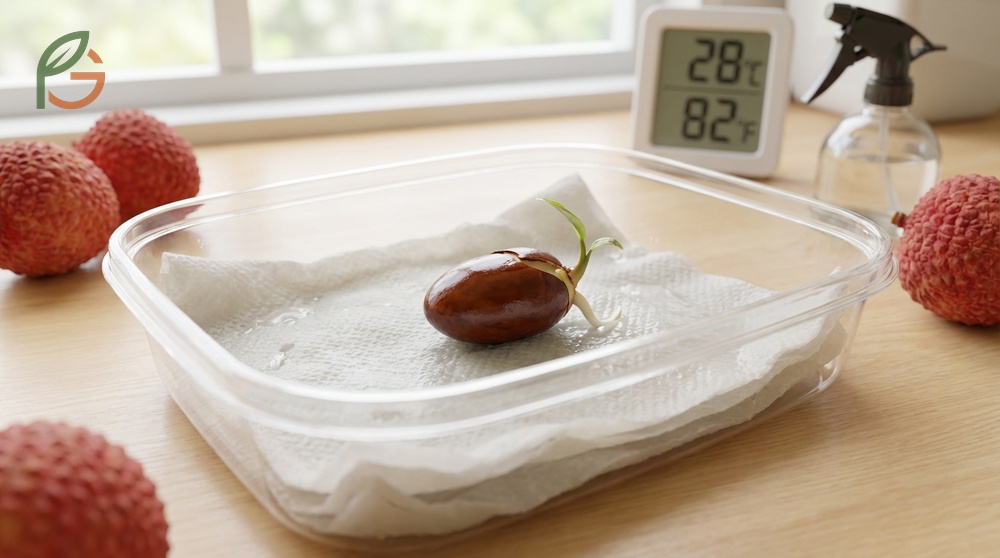 Germinate lychee seed using the paper towel method at 75 to 85 degrees Fahrenheit for best results.