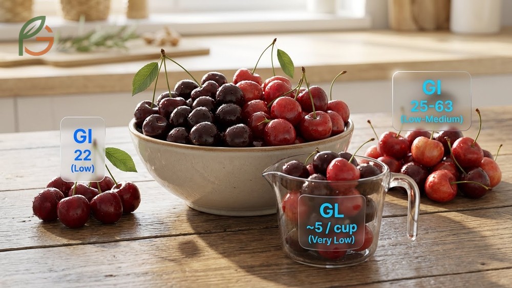 Glycemic index of cherries is low at 22 for tart varieties and 25 to 40 for sweet ones making them blood sugar friendly.