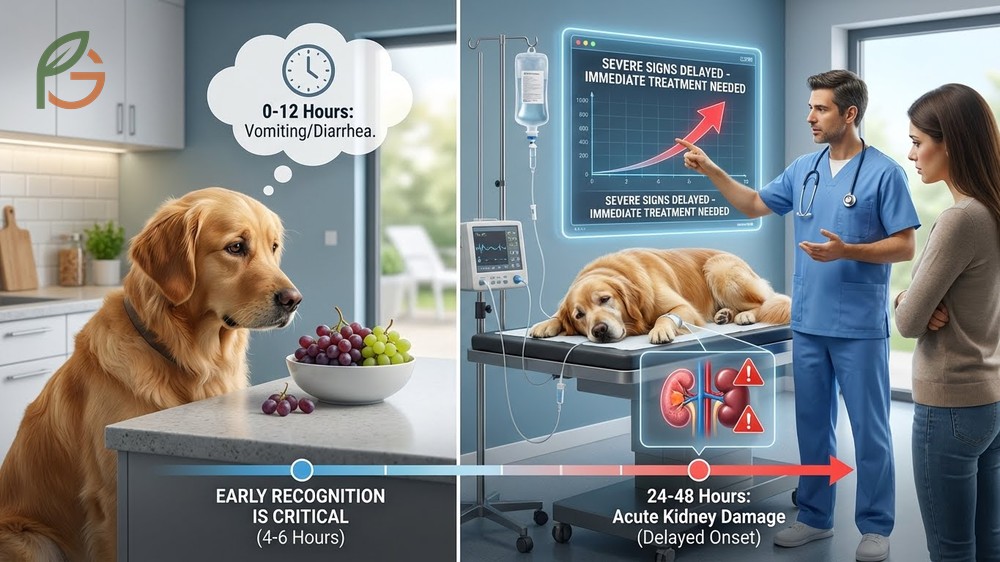 Grape toxicity symptoms in dogs including vomiting and lethargy appearing within 6 to 12 hours.