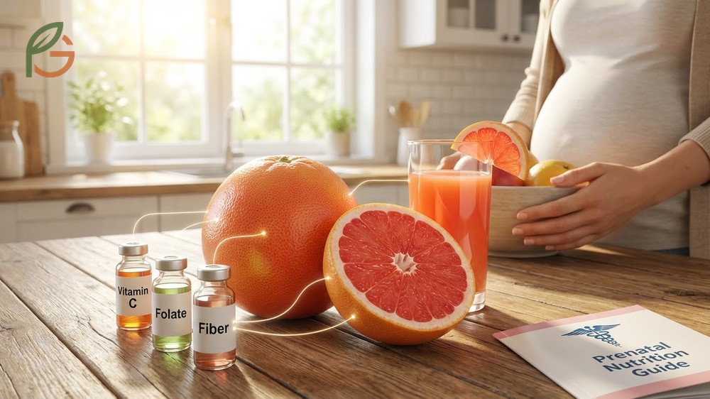A medium grapefruit contains 38 calories per 100g and delivers 46 to 50mg of vitamin C for pregnant women.