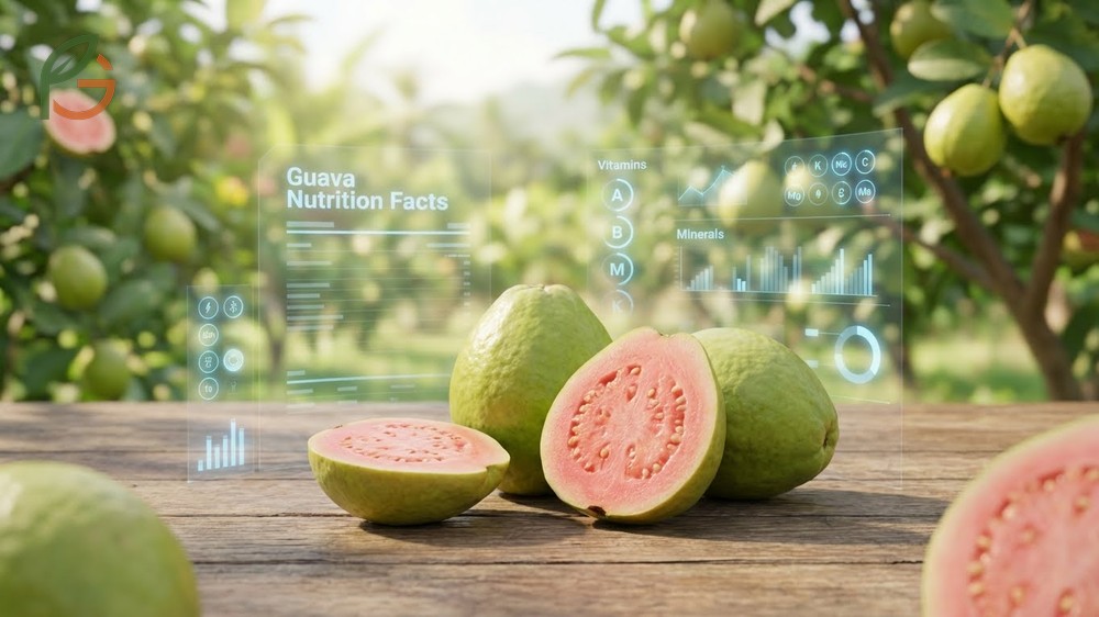 Nutritional facts for guava highlight its low calorie count and impressive 228mg of vitamin C per serving.