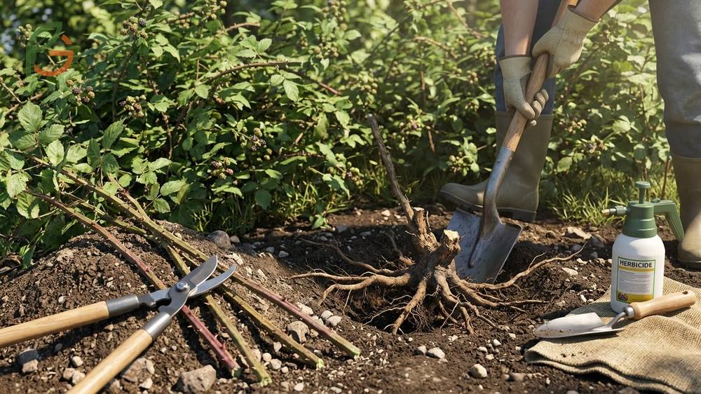 How to get rid of blackberry bushes involves a systematic process of cutting canes and excavating roots 18 inches deep.