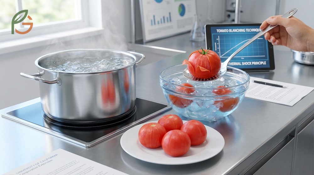 How to peel tomatoes using thermal shock to separate skin from flesh using a pot of water and slotted spoon.