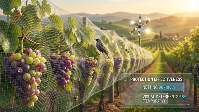 How to protect grapes from birds by monitoring sugar levels at veraison when starlings and robins begin feeding.