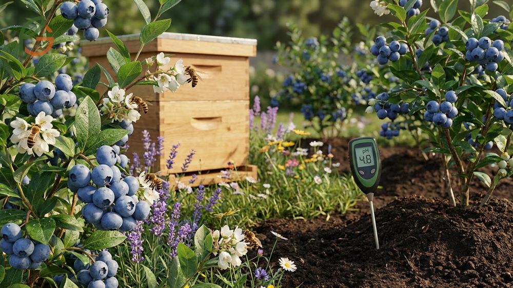 Healthy blueberry bush loaded with large ripe berries resulting from proper soil pH and cross-pollination strategies.