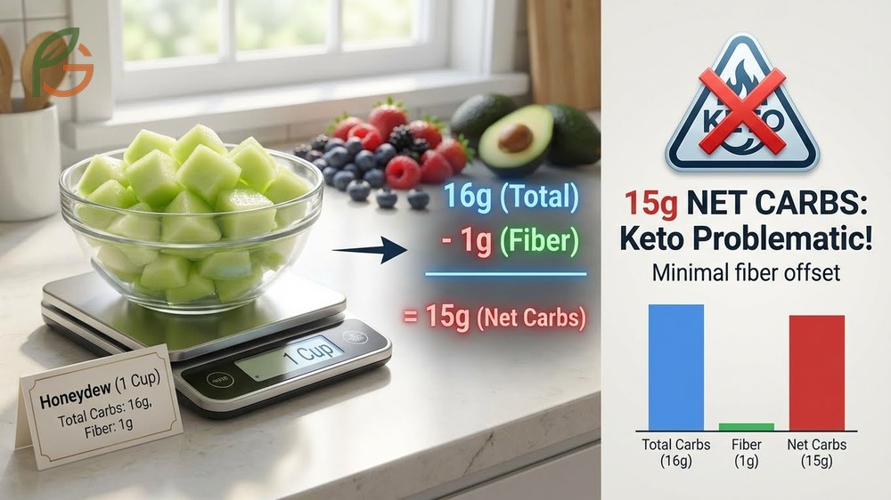 Net carbs honeydew calculation subtracting 1g fiber from 16g total carbs for 15g net result.