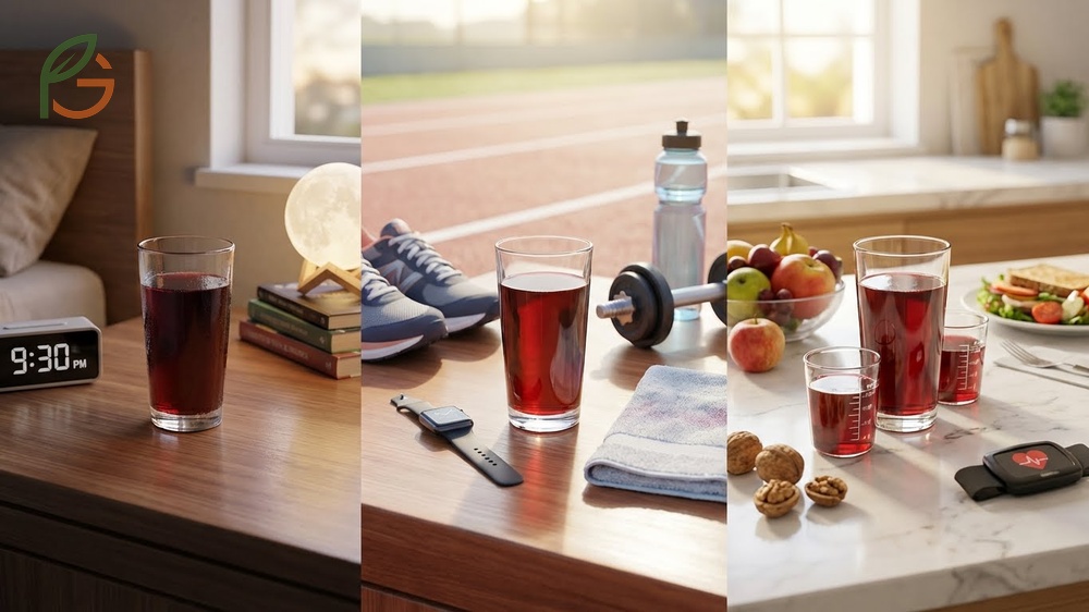 Best time to drink cherry juice schedule showing benefits of consuming servings in the morning and evening for consistent blood levels.