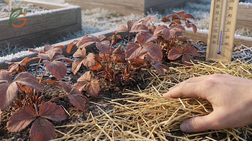 Strawberry plants covered with straw mulch to protect crowns from freezing temperatures during winter dormancy.