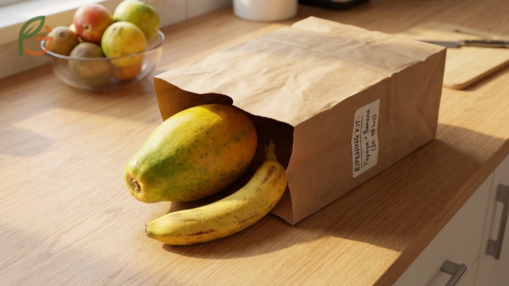 Paper bag method step by step instructions for ripening papayas in 24 to 48 hours using trapped ethylene gas.
