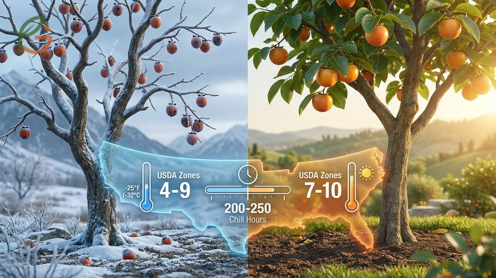 A hardiness zone map highlighting zones 4 through 9 suitable for growing American persimmon trees.