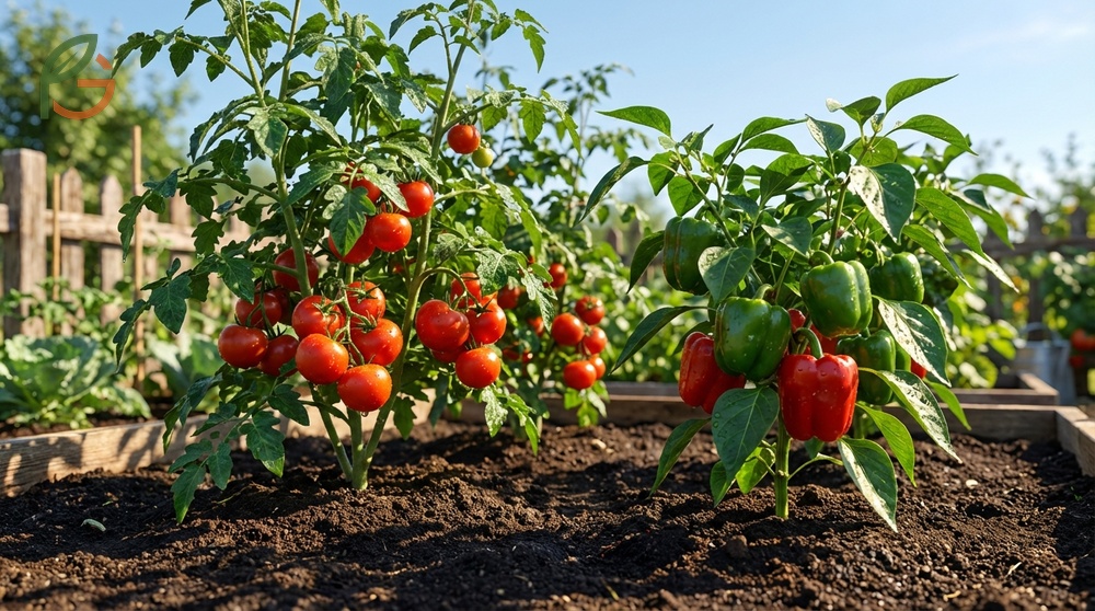 Planting tomatoes and peppers together requires at least 24 to 36 inches of spacing to prevent the spread of blight diseases.
