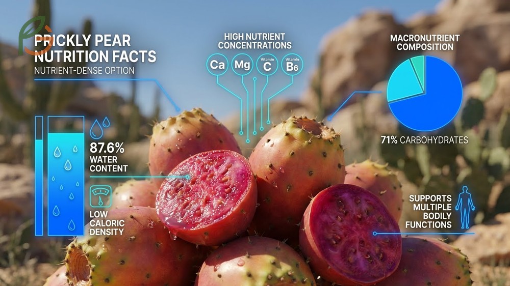 Prickly pear nutrition facts show the fruit contains 87.6 percent water and only 0.51 grams of fat.