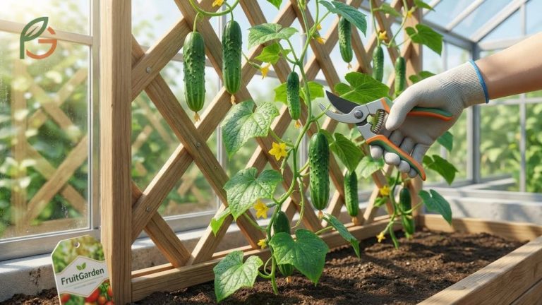 A gardener carefully snipping lateral shoots and old leaves from a cucumber vine to improve airflow and fruit yield.