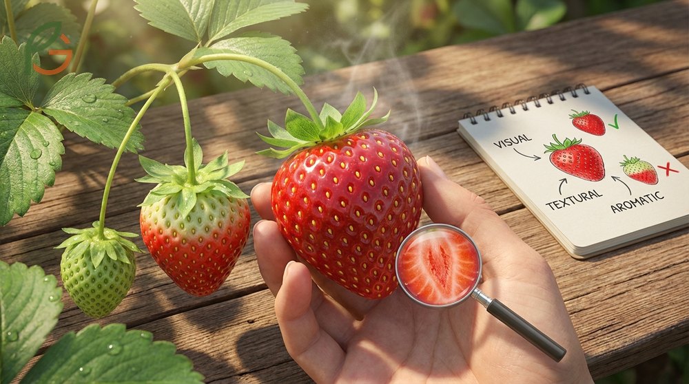 A fully ripe strawberry with uniform red color and glossy skin without white shoulders or green patches.