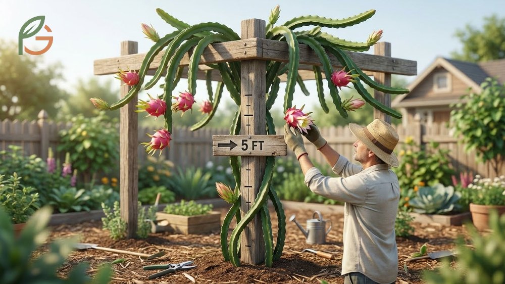 Trellis height requirements for dragon fruit suggest a 5-foot structure for easy harvest access and stability.