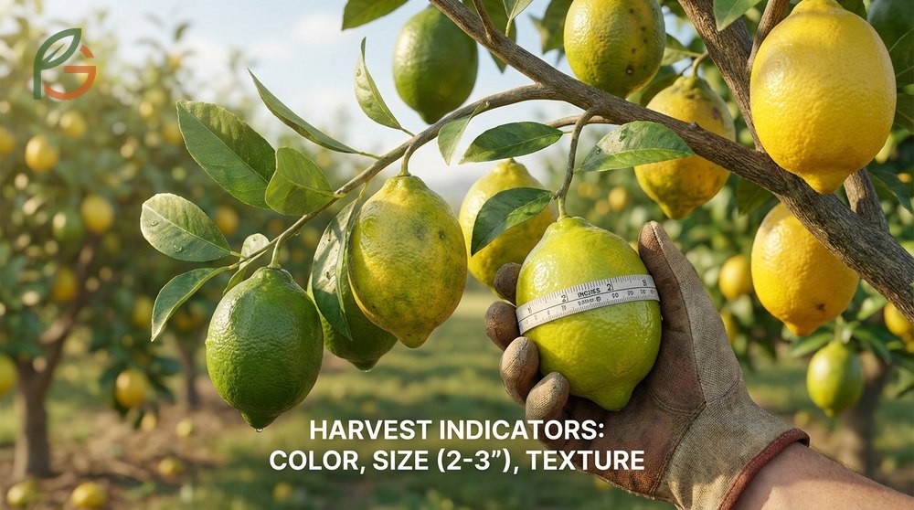 When to harvest lemons based on size and color transition from green to yellow for optimal juice content.