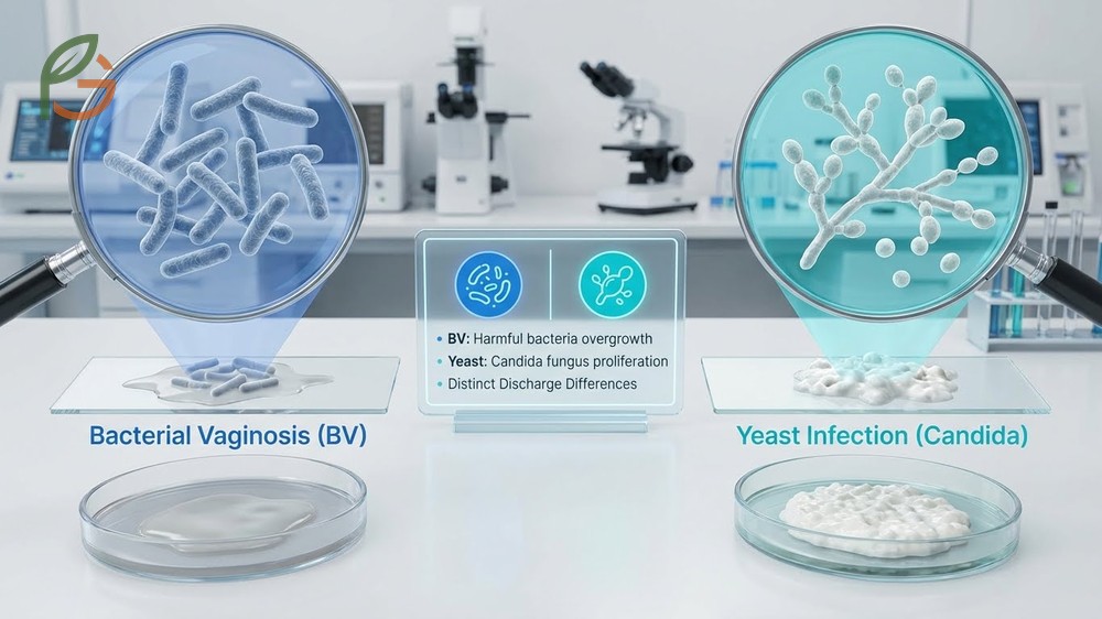 Bacterial vaginosis vs yeast infection symptoms differ as BV causes thin gray discharge while yeast infections produce thick white cottage cheese discharge.