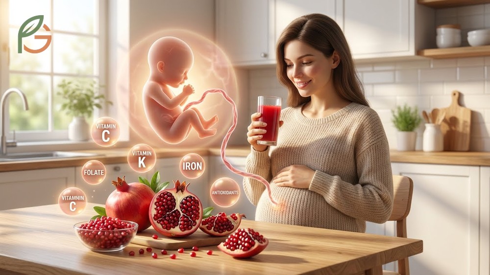 Benefits of pomegranate during pregnancy include protecting placental tissue from oxidative stress and supporting oxygen delivery to the baby.