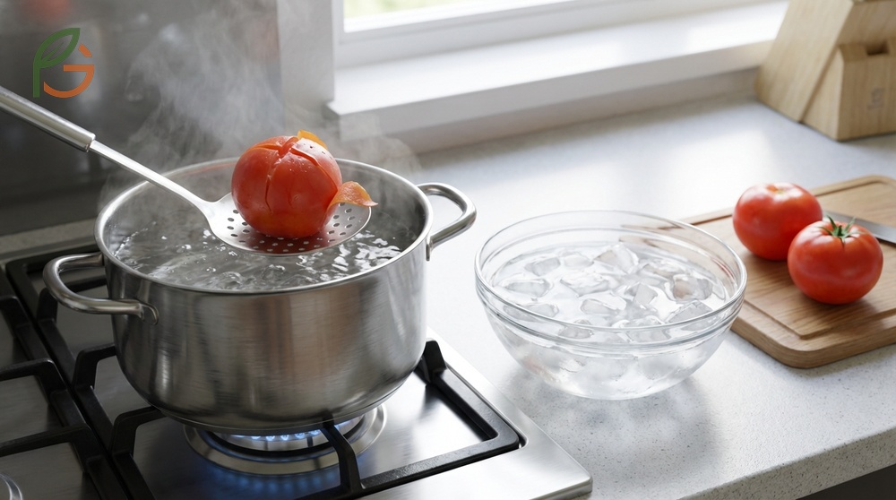 Blanching tomatoes method involves boiling for 30 seconds and cooling in an ice bath to peel skins easily.