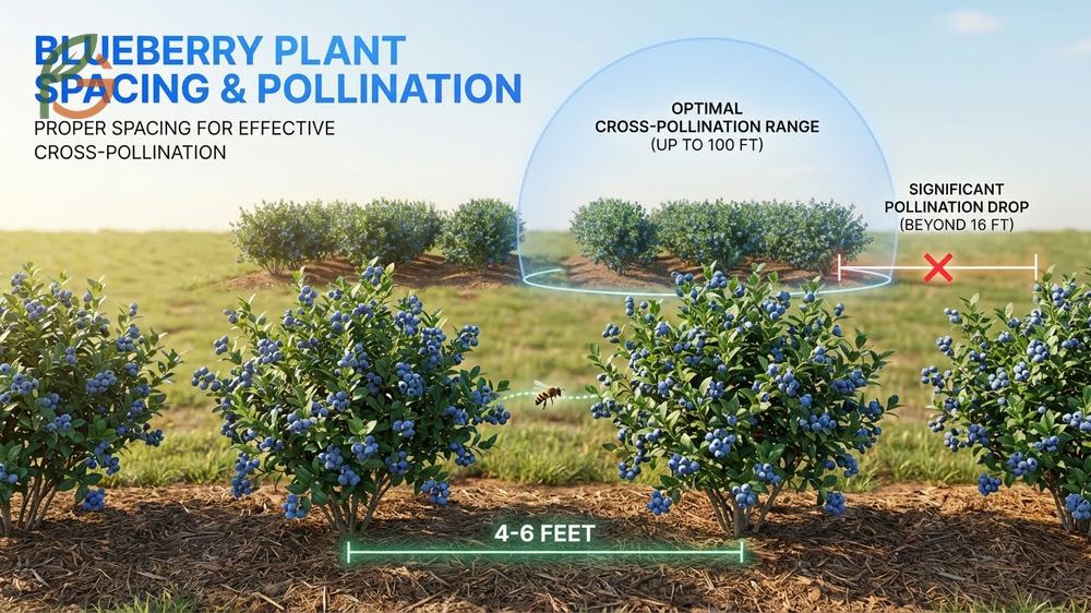 Diagram illustrating the ideal four to six feet spacing between blueberry bushes to facilitate pollinator movement.
