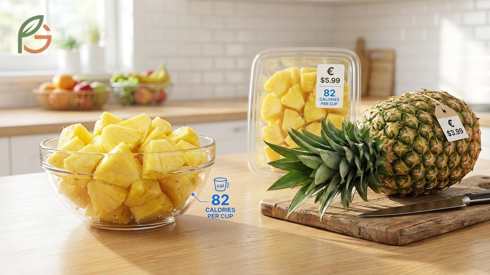 How many calories in pineapple chunks per cup serving with details on portion sizes and sugar.