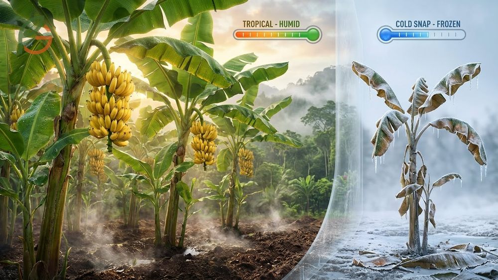 Banana growing climate zones require 1500mm of annual rainfall and high humidity above 60 percent.