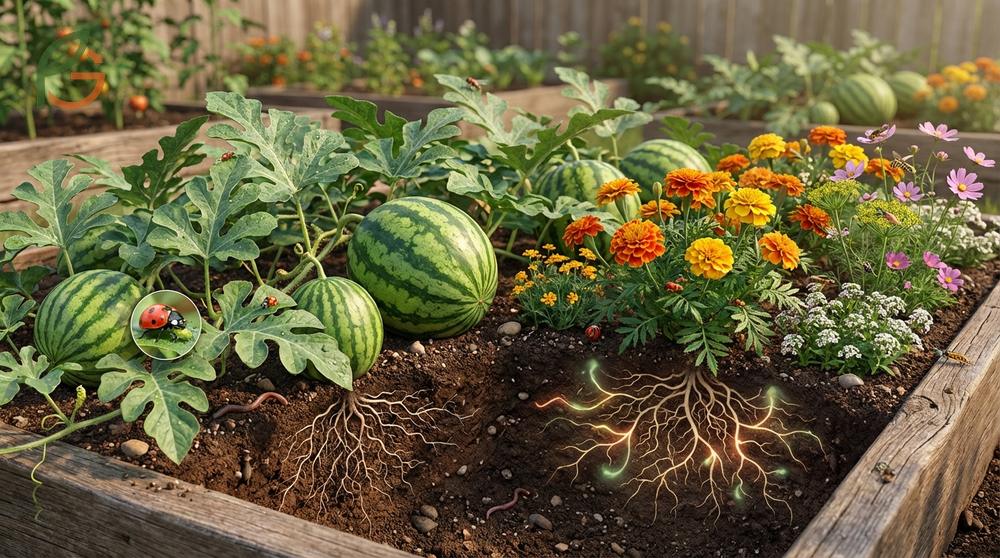 Companion plants for watermelon utilize chemical deterrence and trap cropping to protect vines from aphids.