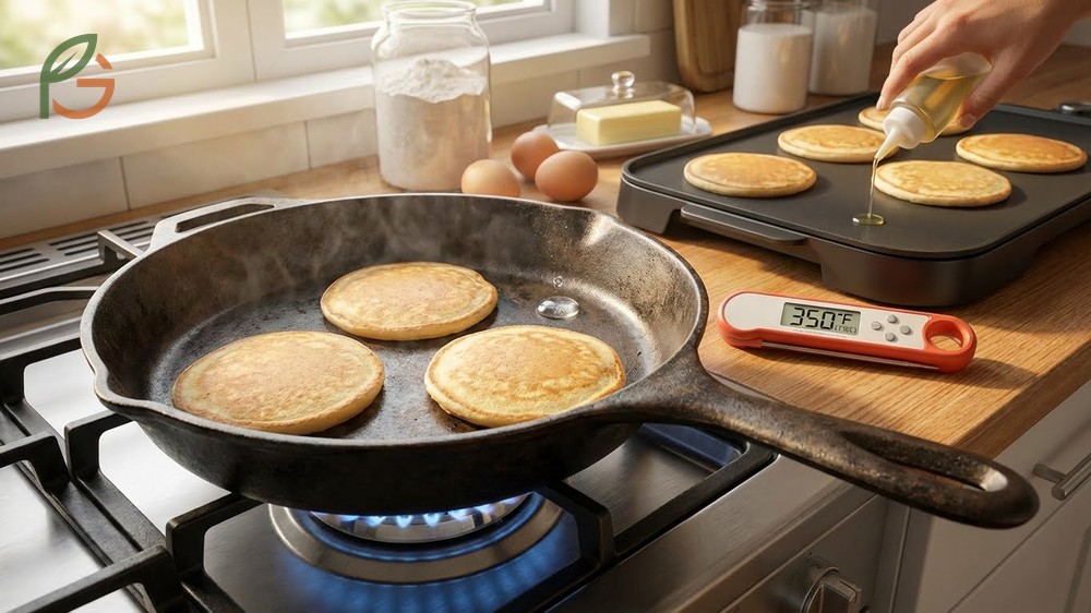 Pancake cooking tips include managing heat at 350 degrees and flipping only once when bubbles appear on the surface.
