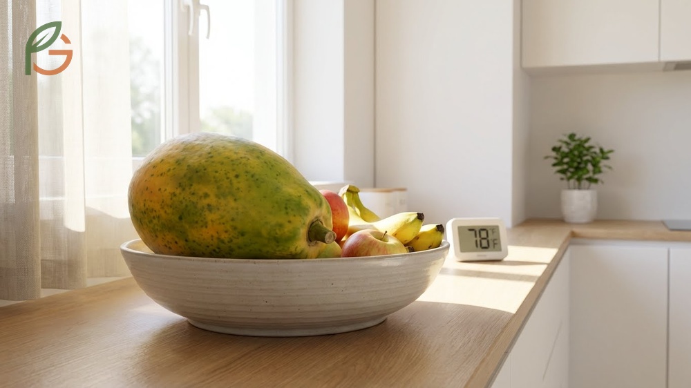 Counter ripening papaya tips for natural maturation over 2 to 3 days by placing fruit away from direct sunlight.