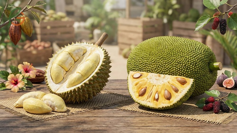 Durian fruit vs jackfruit botanical origins contrasting the Moraceae family jackfruit with Malvaceae family durian.