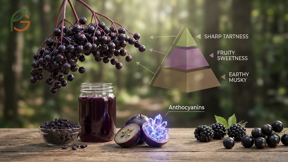 What does elderberry taste like described as a mix of tartness and earthy sweetness similar to blackberries.