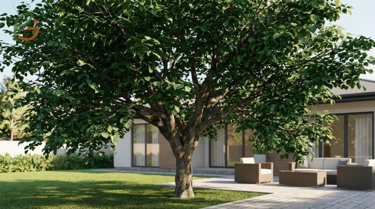 Fruitless mulberry tree offering dense shade reaching 30 to 60 feet tall without the mess of dropped berries.